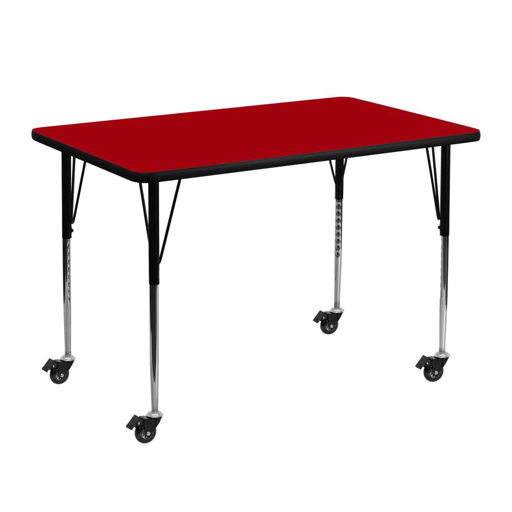 Mobile 30''W x 48''L Rectangular Red Thermal Laminate Activity Table - Standard Height Adjustable Legs. Picture 1