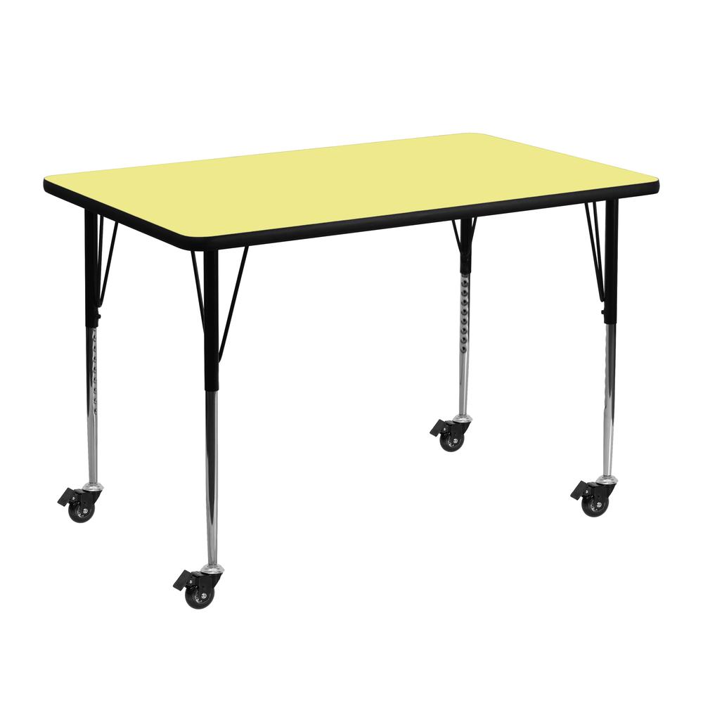 Mobile 30''W x 48''L Rectangular Yellow Thermal Laminate Activity Table - Standard Height Adjustable Legs. Picture 1