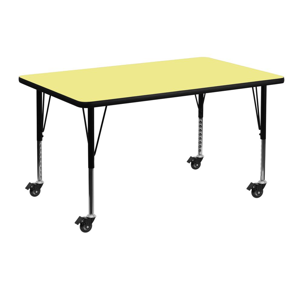 Mobile 30''W x 48''L Rectangular Yellow Thermal Laminate Activity Table - Height Adjustable Short Legs. Picture 1