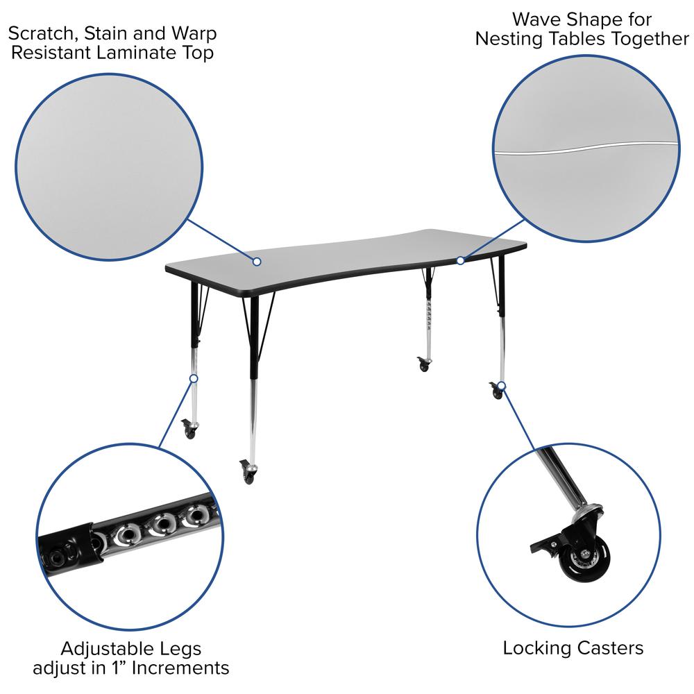 Mobile 26"W x 60"L Rectangle Grey Activity Table - Standard Height Adjust Legs. Picture 6