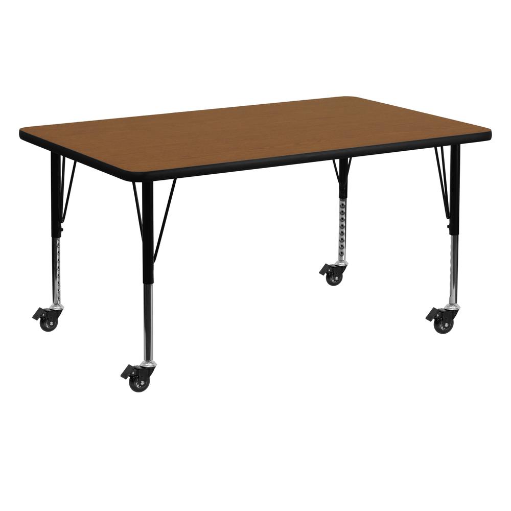 Mobile 30''W x 60''L Rectangular Oak HP Laminate Activity Table - Height Adjustable Short Legs. Picture 1