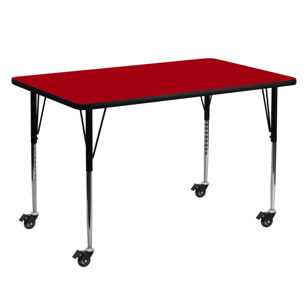 Mobile 30''W x 60''L Rectangular Red Thermal Laminate Activity Table - Standard Height Adjustable Legs. Picture 1