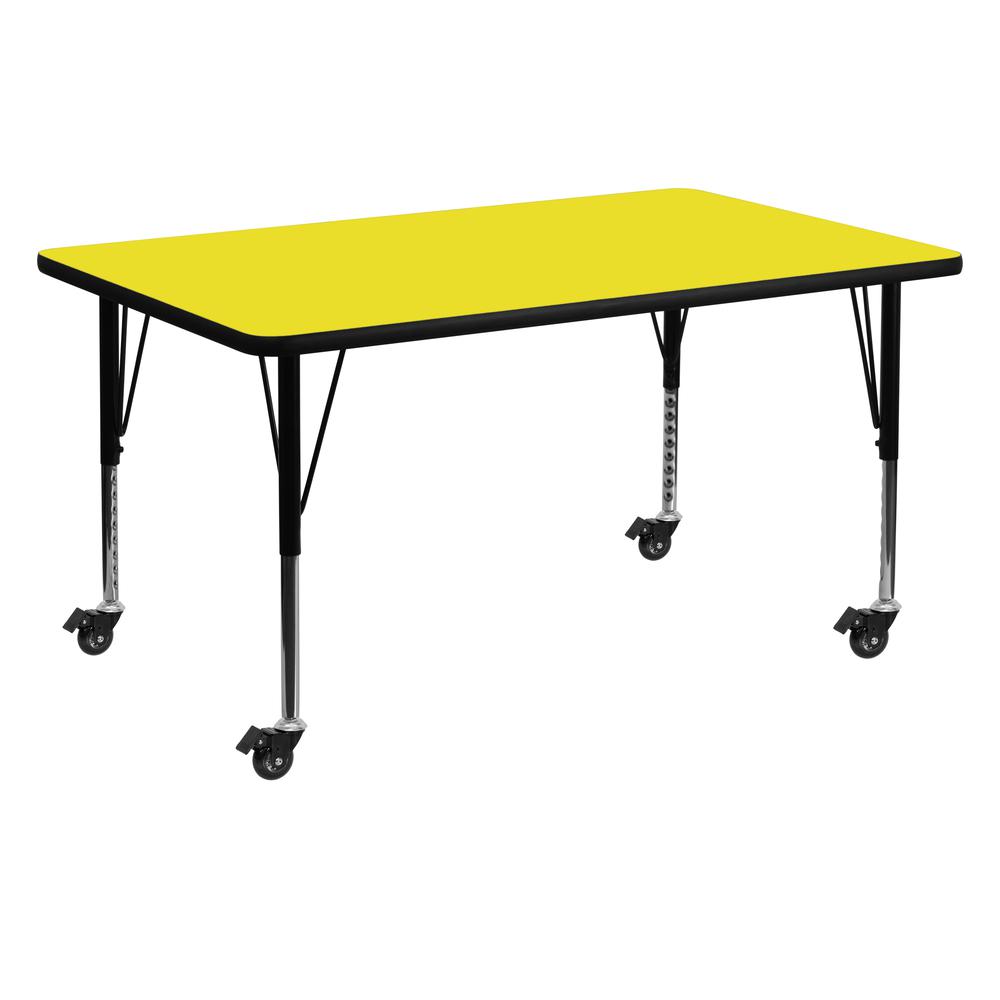 Mobile 30''W x 60''L Rectangular Yellow HP Laminate Activity Table - Height Adjustable Short Legs. Picture 1