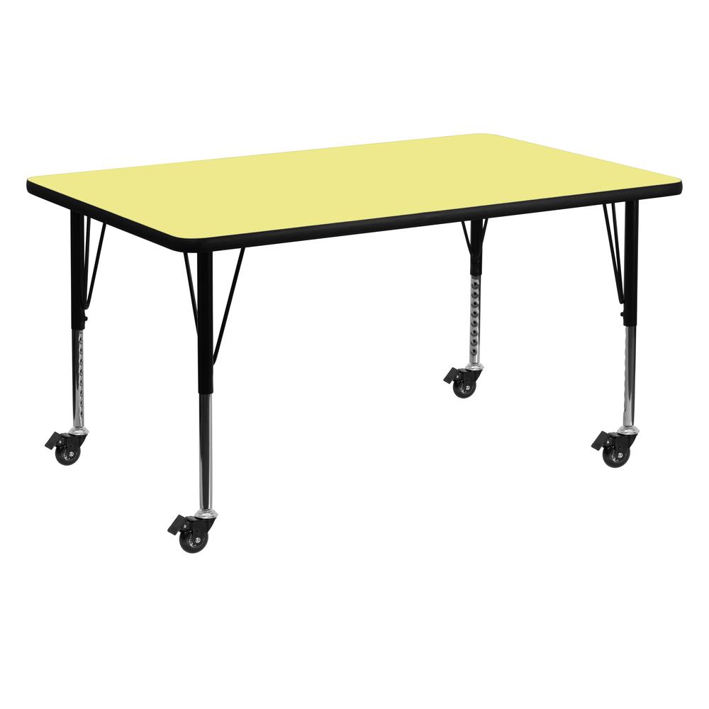 Mobile 30''W x 60''L Rectangular Yellow Thermal Laminate Activity Table - Height Adjustable Short Legs. Picture 1