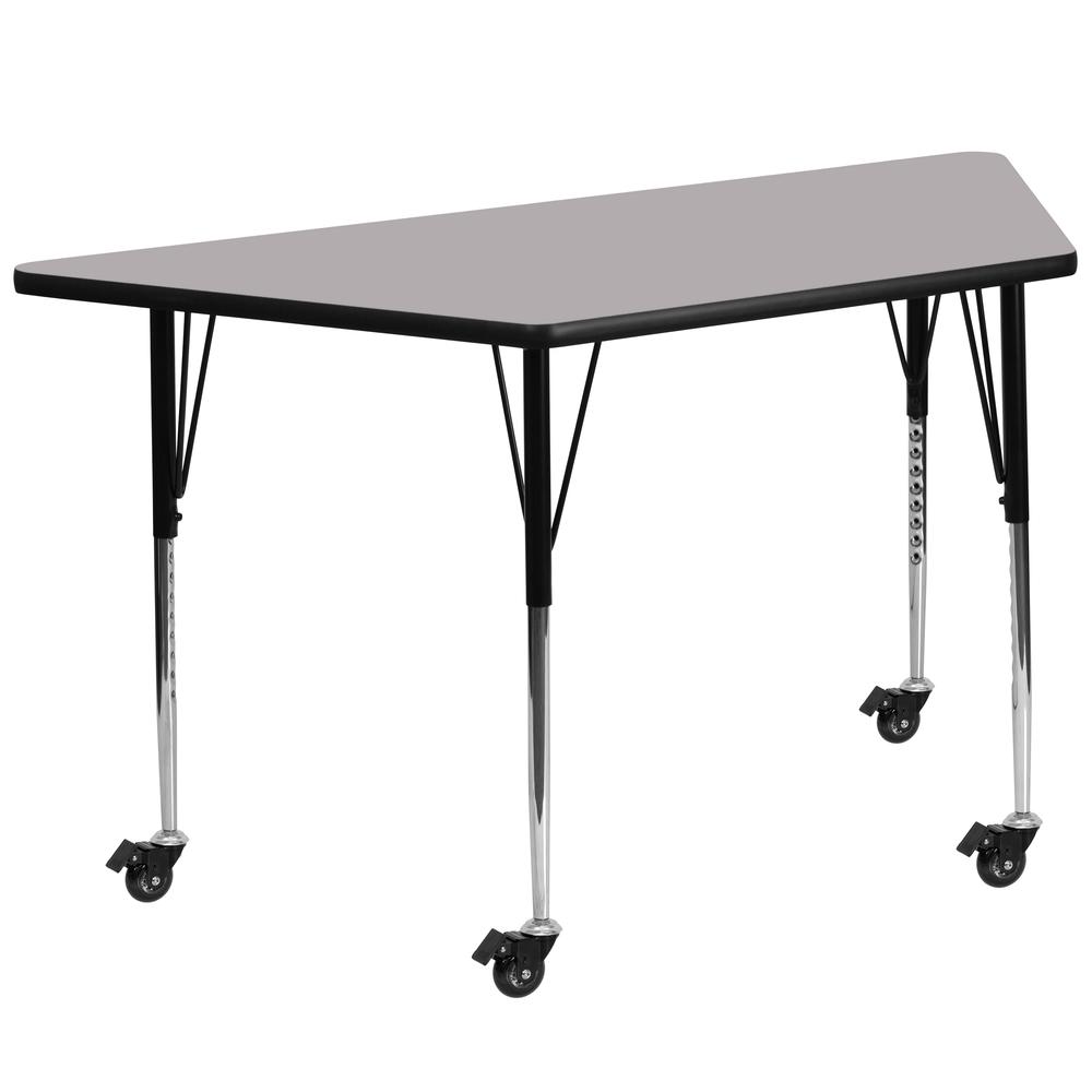 Mobile 29''W x 57''L Trapezoid Grey Thermal Laminate Activity Table - Standard Height Adjustable Legs. Picture 1