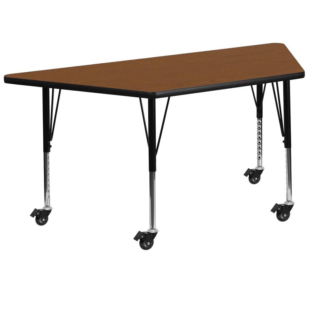 Mobile 29''W x 57''L Trapezoid Oak HP Activity Table - Height Short Legs. Picture 1