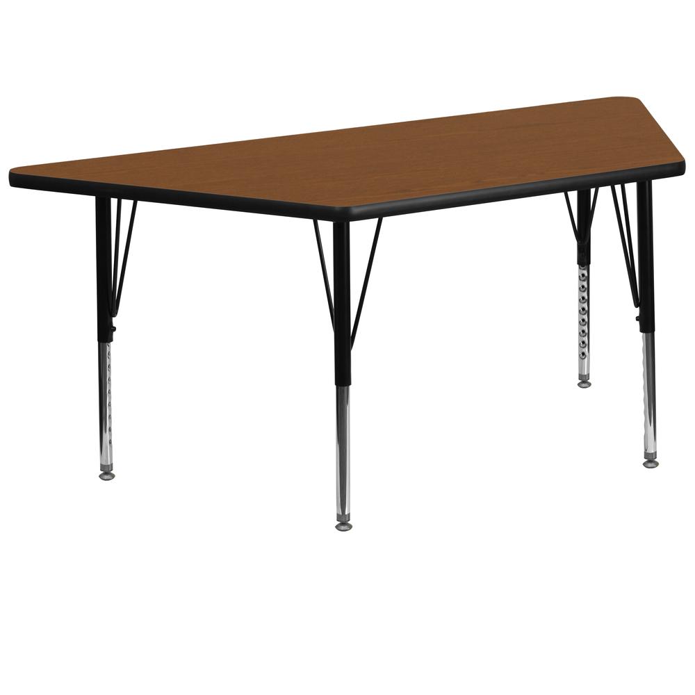 29''W x 57''L Trapezoid Oak HP Laminate Activity Table - Height Adjustable Short Legs. Picture 1
