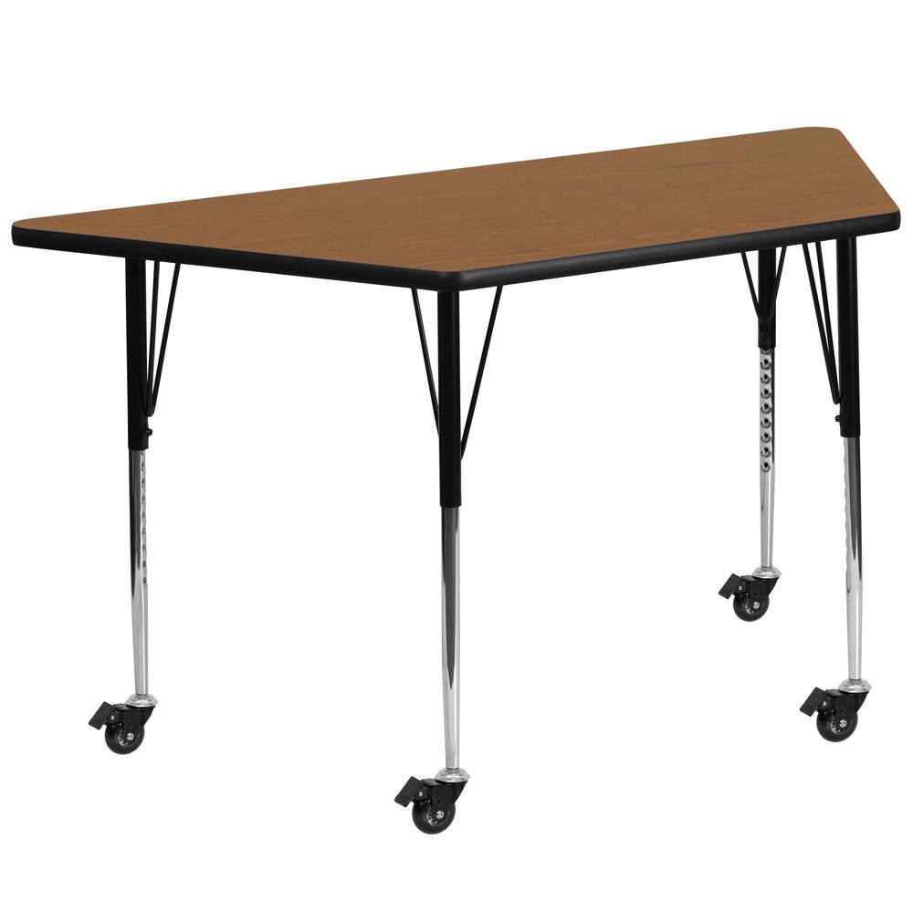Mobile 29''W x 57''L Trapezoid Oak Thermal Activity Table - Standard Height Legs. Picture 1