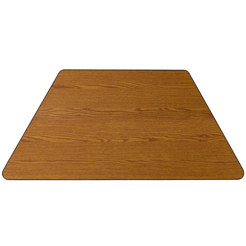 Mobile 29''W x 57''L Trapezoid Oak Thermal Laminate Activity Table - Standard Height Adjustable Legs. Picture 2