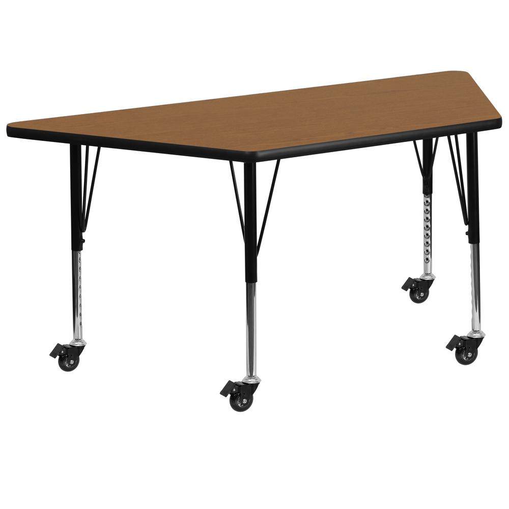 Mobile 29''W x 57''L Trapezoid Oak Thermal Laminate Activity Table - Height Adjustable Short Legs. Picture 1