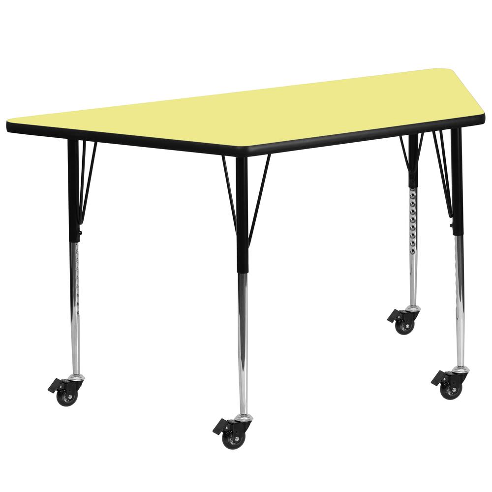 Mobile 29''W x 57''L Trapezoid Yellow Thermal Laminate Activity Table - Standard Height Adjustable Legs. Picture 1