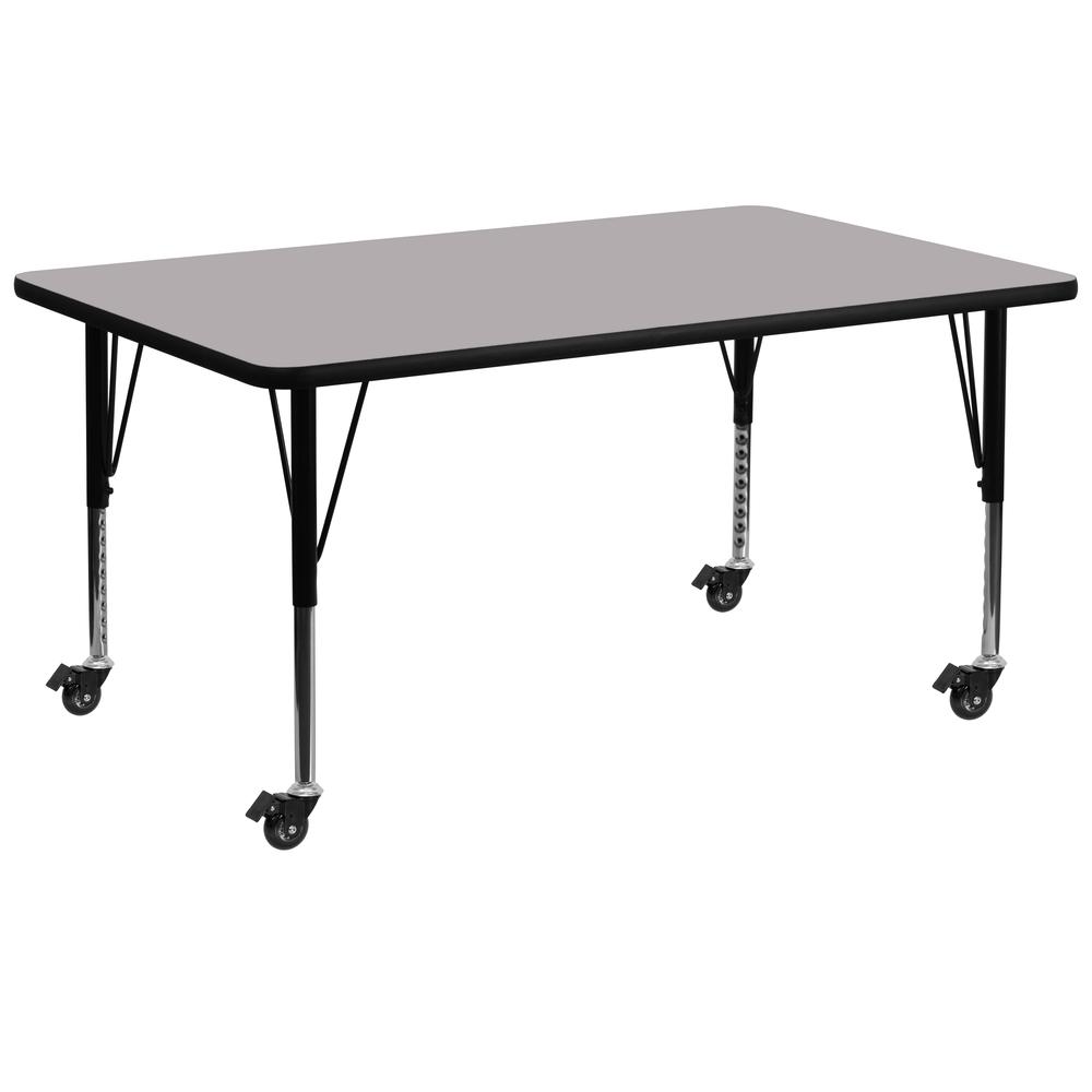 Mobile 30''W x 72''L Rectangular Grey Thermal Laminate Activity Table - Height Adjustable Short Legs. Picture 1
