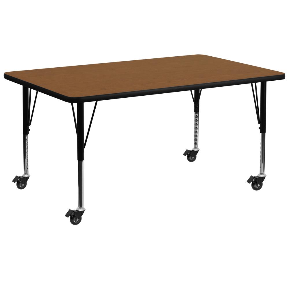 Mobile 30''W x 72''L Rectangular Oak HP Laminate Activity Table - Height Adjustable Short Legs. Picture 1