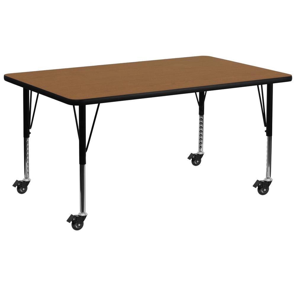 Mobile 30''W x 72''L Rectangular Oak Thermal Laminate Activity Table - Height Adjustable Short Legs. Picture 1