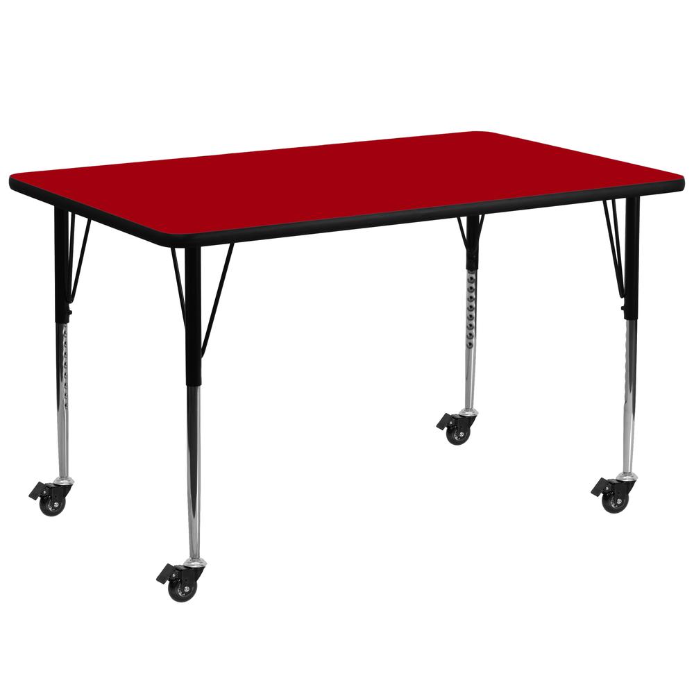 Mobile 30''W x 72''L Rectangular Red Thermal Laminate Activity Table - Standard Height Adjustable Legs. Picture 1
