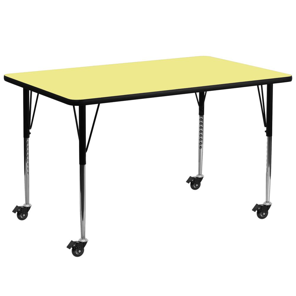 Mobile 30''W x 72''L Rectangular Yellow Thermal Laminate Activity Table - Standard Height Adjustable Legs. Picture 1