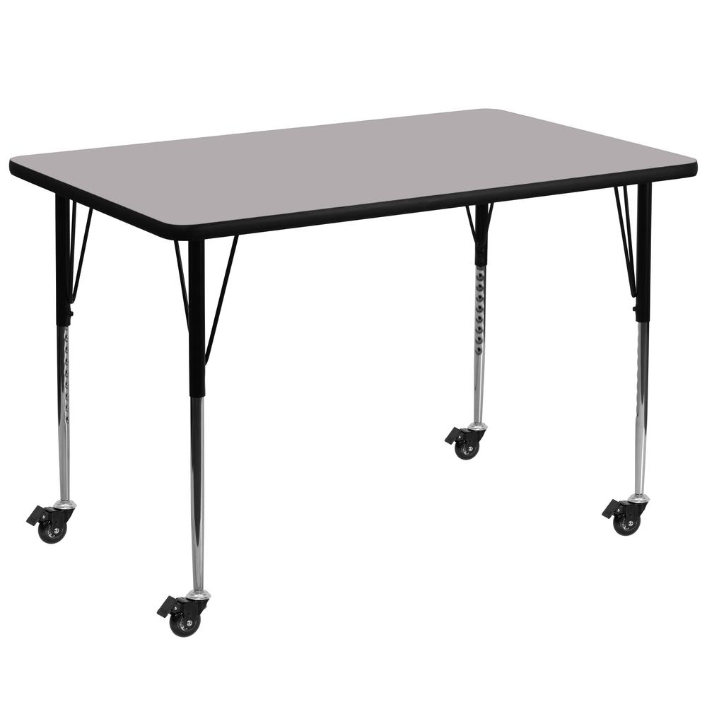 Mobile 36''W x 72''L Rectangular Grey Thermal Laminate Activity Table - Standard Height Adjustable Legs. Picture 1