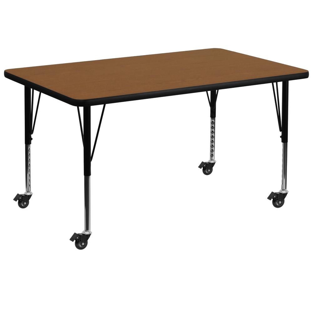 Mobile 36''W x 72''L Rectangular Oak HP Laminate Activity Table - Height Adjustable Short Legs. Picture 1