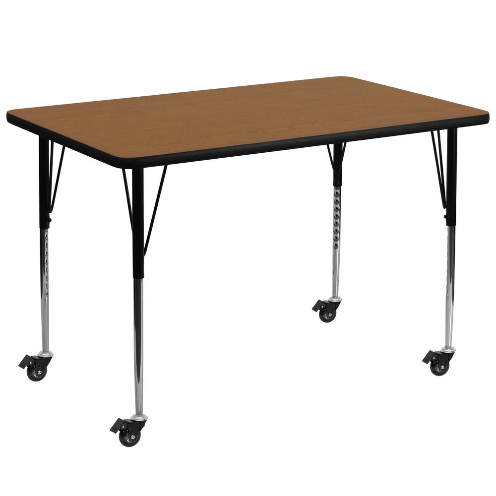 Mobile 36''W x 72''L Rectangular Oak Thermal Laminate Activity Table - Standard Height Adjustable Legs. Picture 1