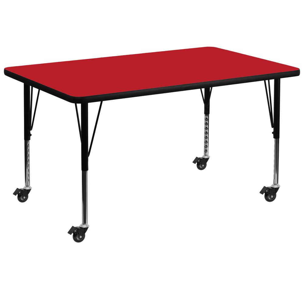 Mobile 36''W x 72''L Rectangular Red HP Laminate Activity Table - Height Adjustable Short Legs. Picture 1