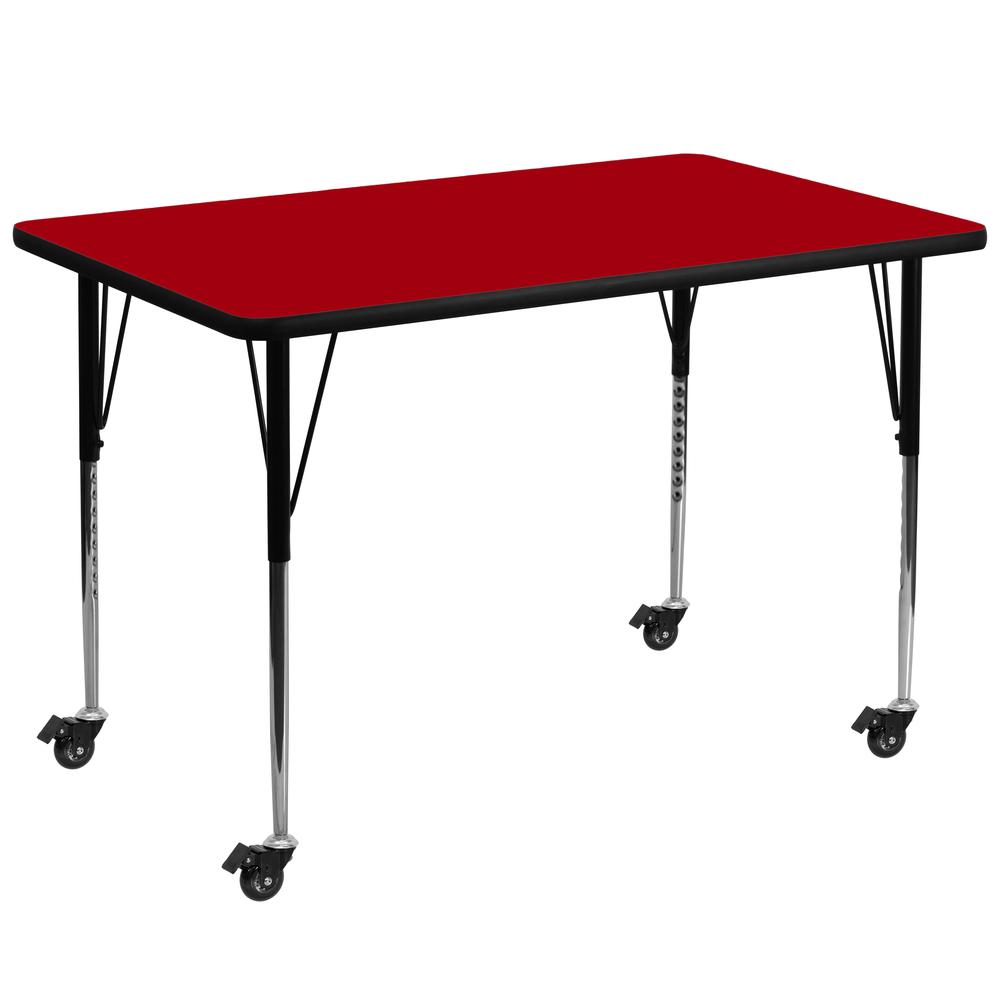 Mobile 36''W x 72''L Rectangular Red Thermal Laminate Activity Table - Standard Height Adjustable Legs. Picture 1