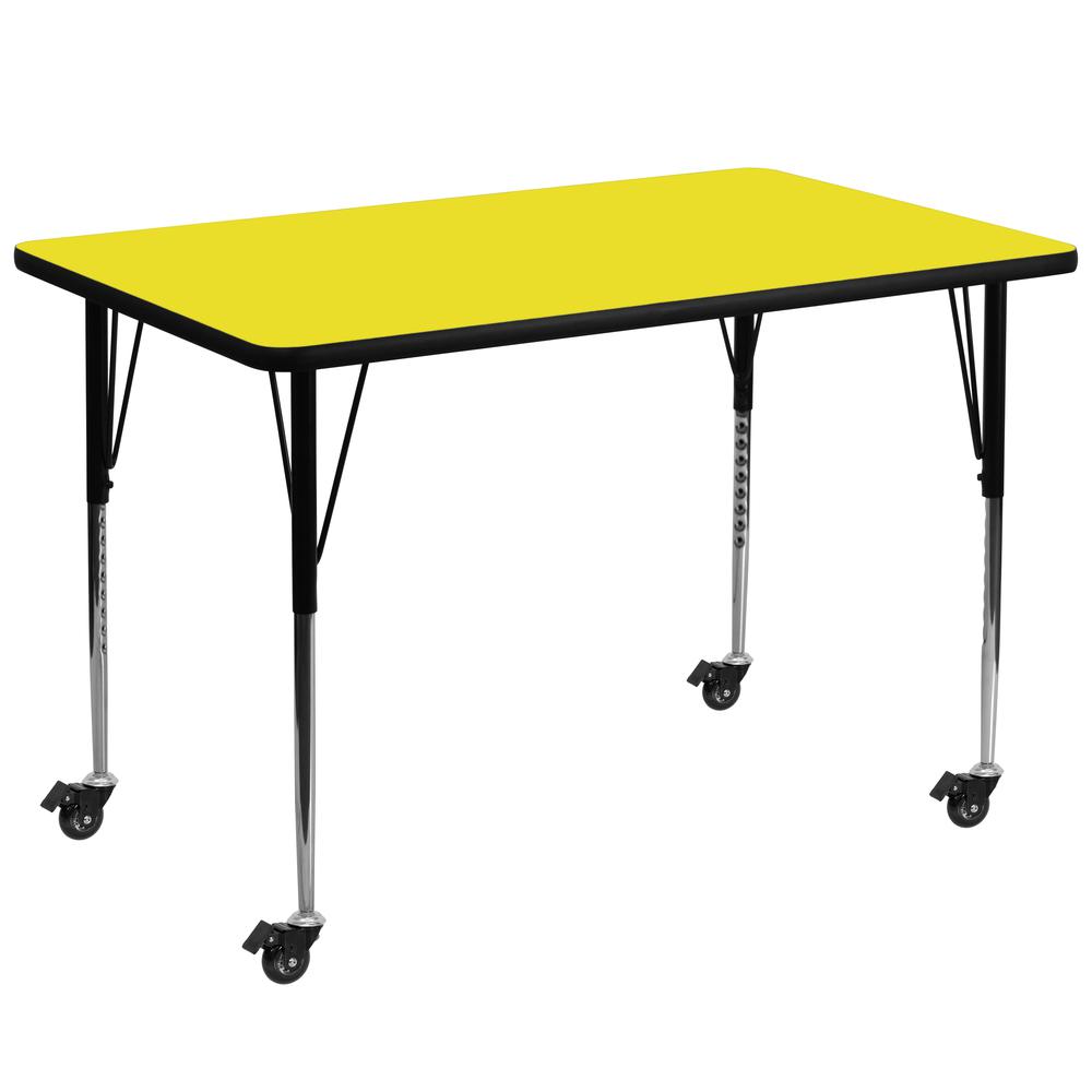Mobile 36''W x 72''L Rectangular Yellow HP Laminate Activity Table - Standard Height Adjustable Legs. Picture 1