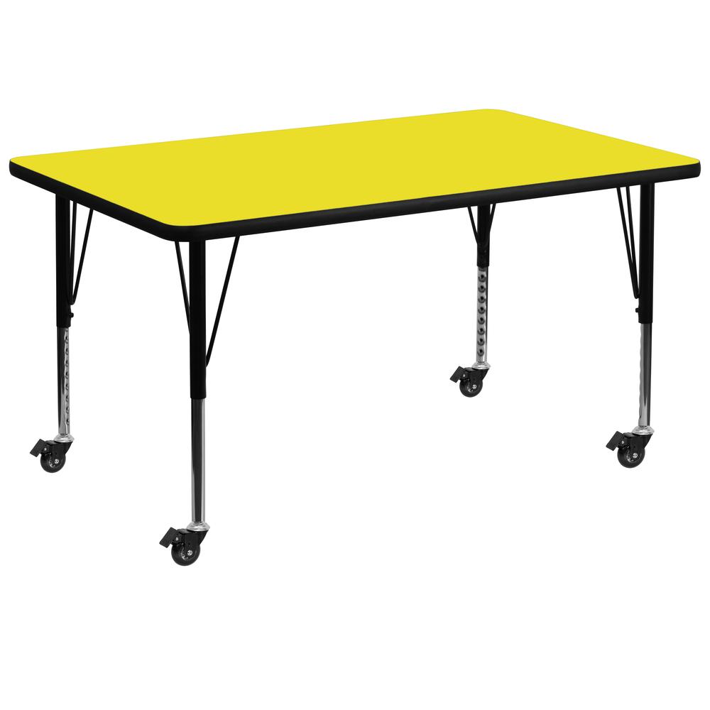 Mobile 36''W x 72''L Rectangular Yellow HP Laminate Activity Table - Height Adjustable Short Legs. Picture 1