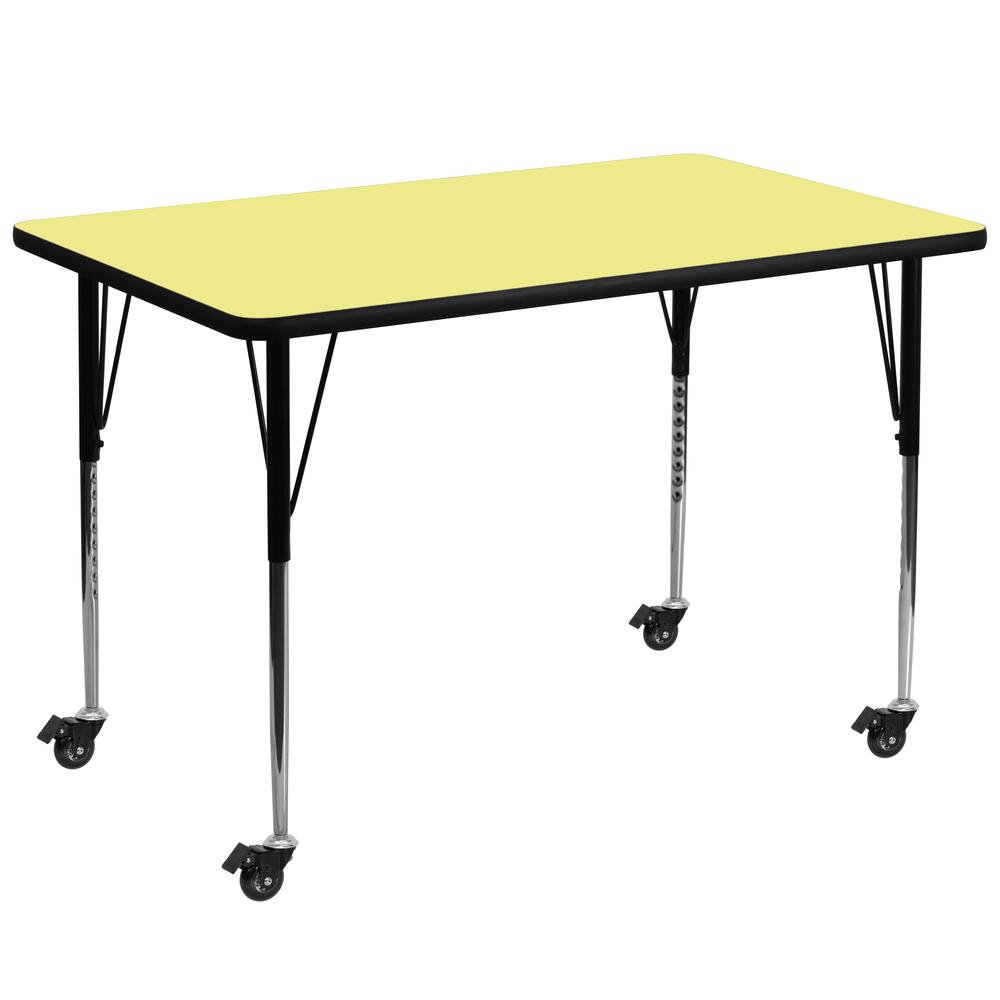 Mobile 36''W x 72''L Rectangular Yellow Thermal Laminate Activity Table - Standard Height Adjustable Legs. Picture 1