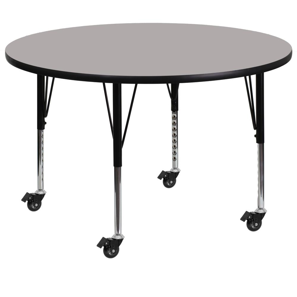 Mobile 42'' Round Grey HP Laminate Activity Table - Height Adjustable Short Legs. Picture 1