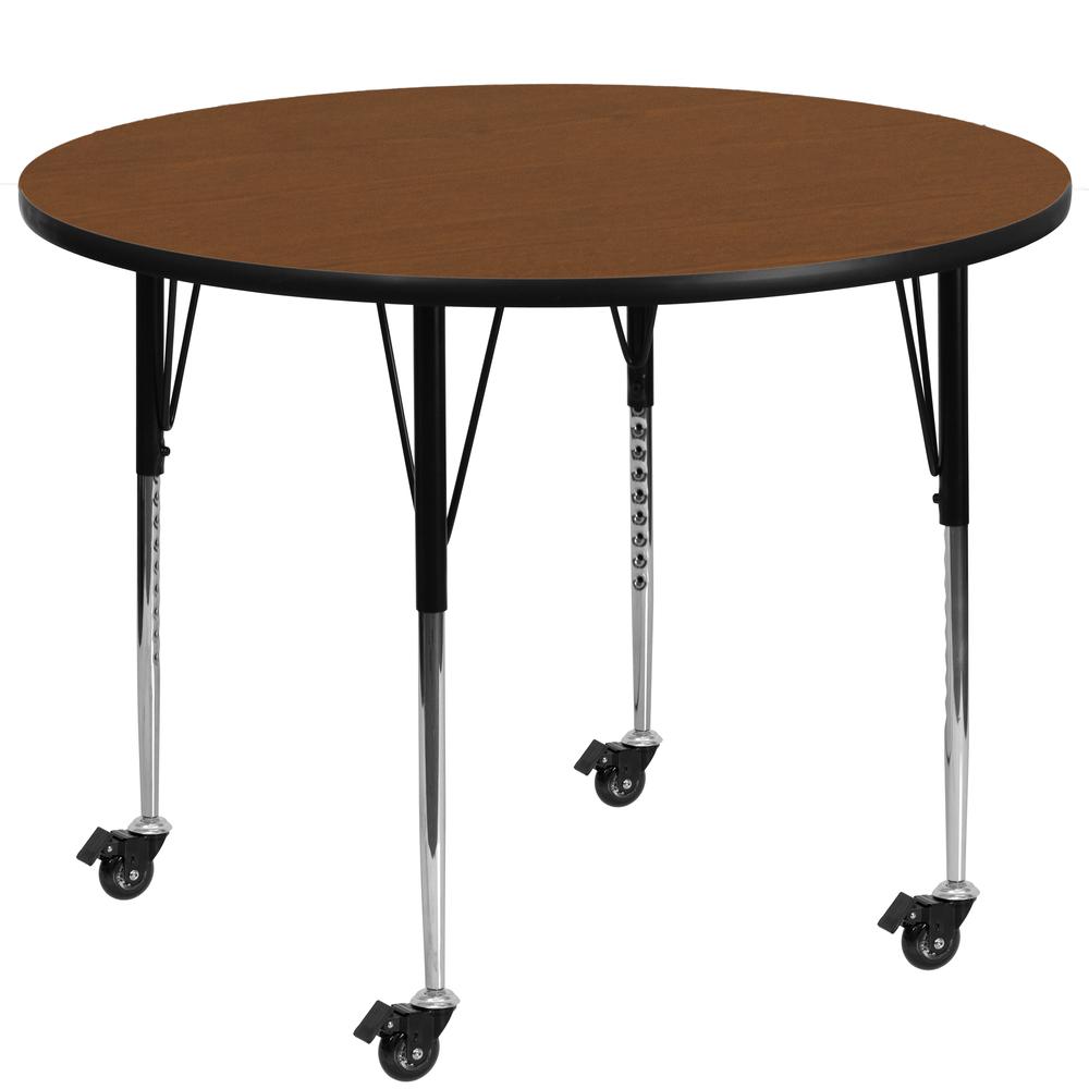 Mobile 42'' Round Oak HP Laminate Activity Table - Standard Height Adjustable Legs. Picture 1