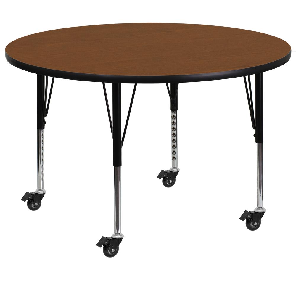 Mobile 42'' Round Oak HP Laminate Activity Table - Height Adjustable Short Legs. Picture 1