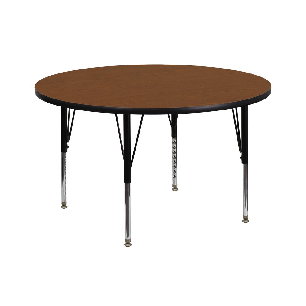 42'' Round Oak HP Laminate Activity Table - Height Adjustable Short Legs. Picture 1