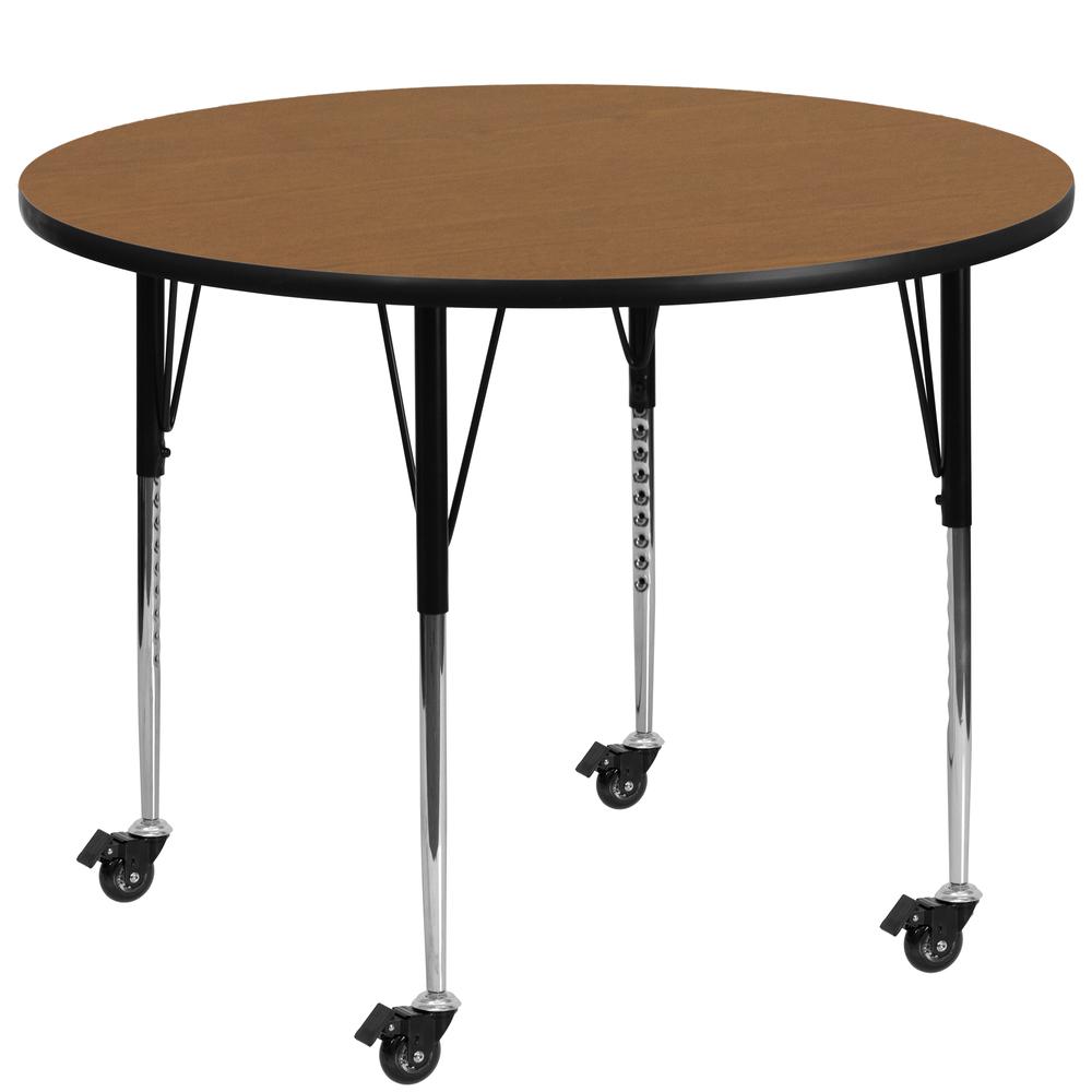 Mobile 42'' Round Oak Thermal Laminate Activity Table - Standard Height Adjustable Legs. Picture 1