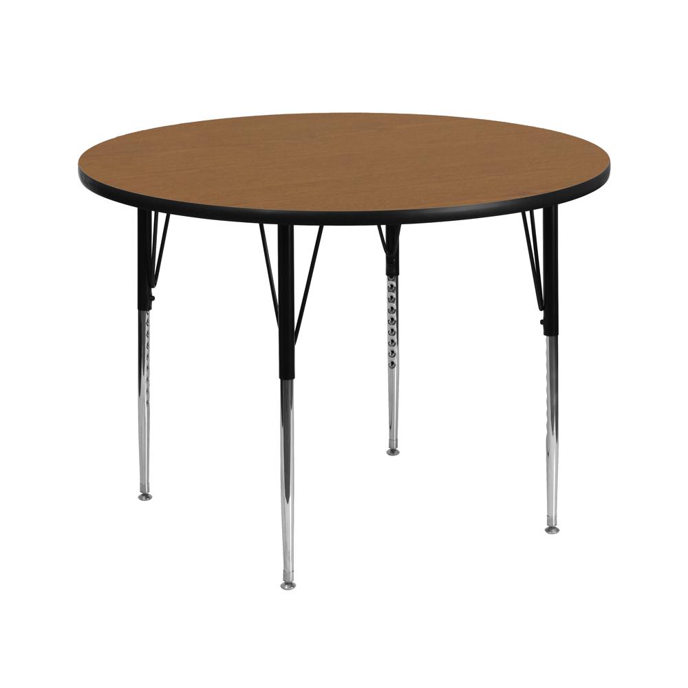 42'' Round Oak Thermal Laminate Activity Table - Standard Height Adjustable Legs. Picture 1