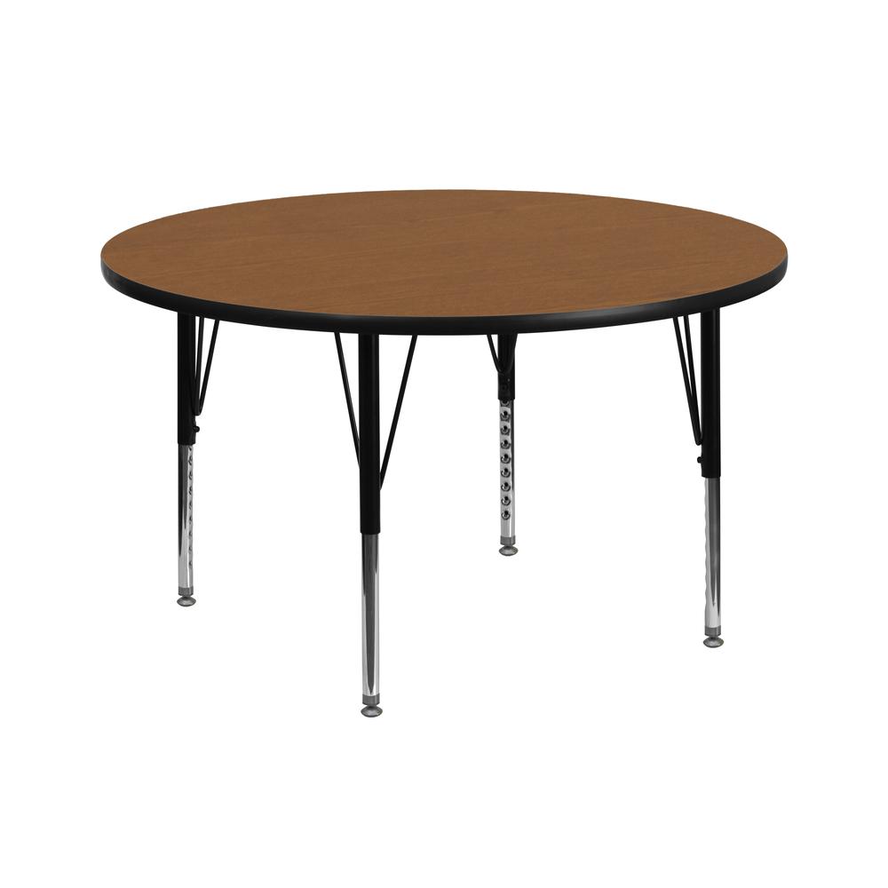 42'' Round Oak Thermal Laminate Activity Table - Height Adjustable Short Legs. Picture 1