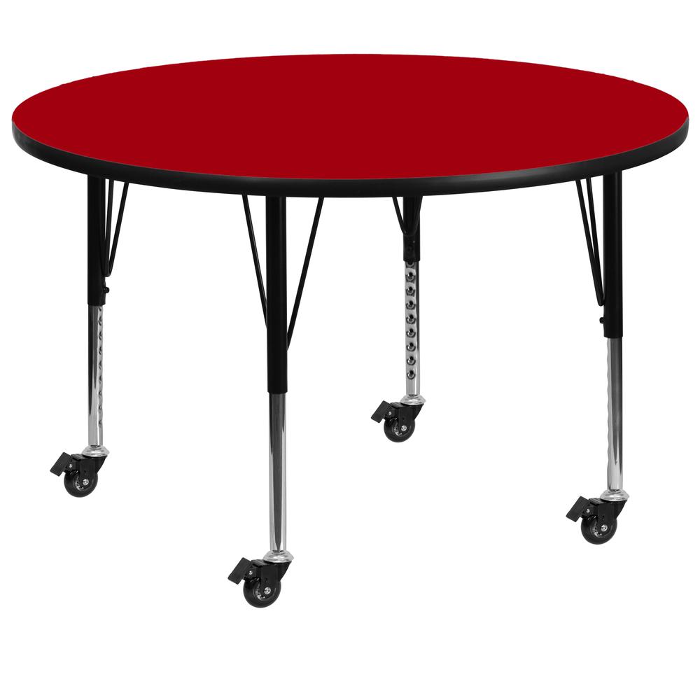 Mobile 42'' Round Red Thermal Laminate Activity Table - Height Adjustable Short Legs. Picture 1