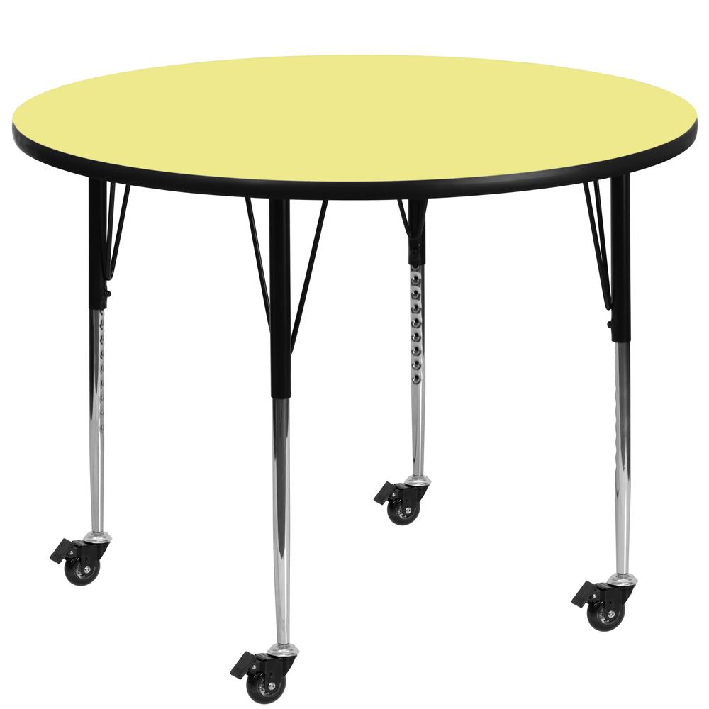 Mobile 42'' Round Yellow Thermal Laminate Activity Table - Standard Height Adjustable Legs. Picture 1