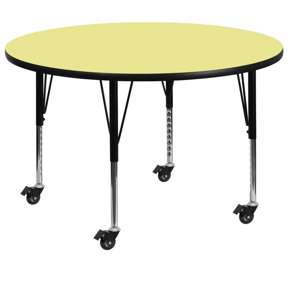Mobile 42'' Round Yellow Thermal Laminate Activity Table - Height Adjustable Short Legs. Picture 1