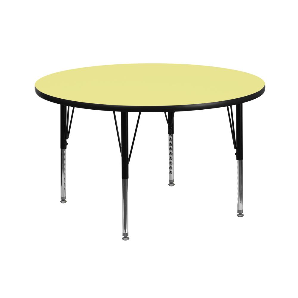 42'' Round Yellow Thermal Laminate Activity Table - Height Adjustable Short Legs. Picture 1