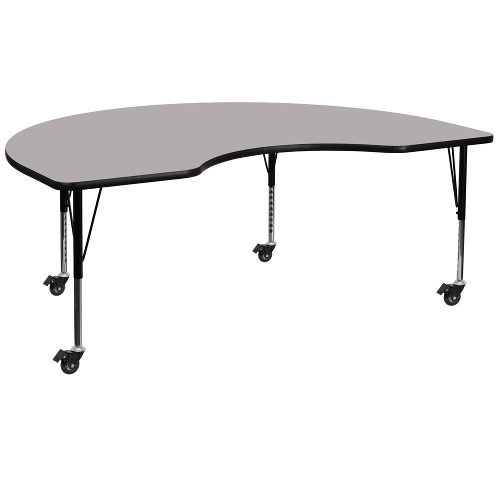 Mobile 48''W x 72''L Kidney Grey Thermal Laminate Activity Table - Height Adjustable Short Legs. Picture 1