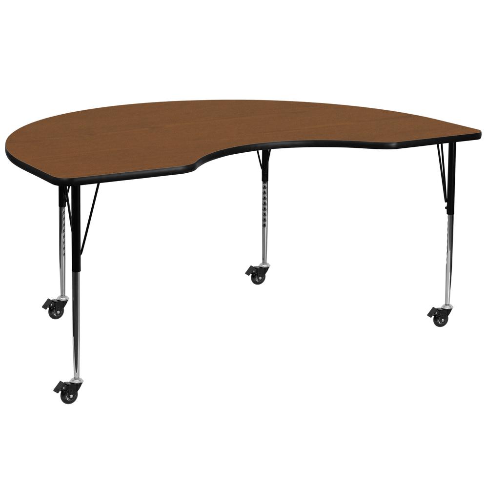 Mobile 48''W x 72''L Kidney Oak HP Laminate Activity Table - Standard Height Adjustable Legs. Picture 1