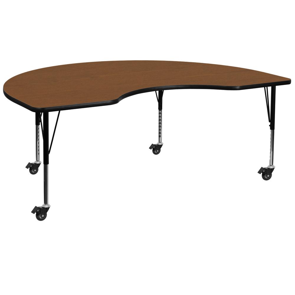 Mobile 48''W x 72''L Kidney Oak HP Laminate Activity Table - Height Adjustable Short Legs. Picture 1