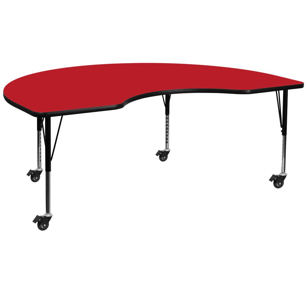 Mobile 48''W x 72''L Kidney Red HP Laminate Activity Table - Height Adjustable Short Legs. Picture 1