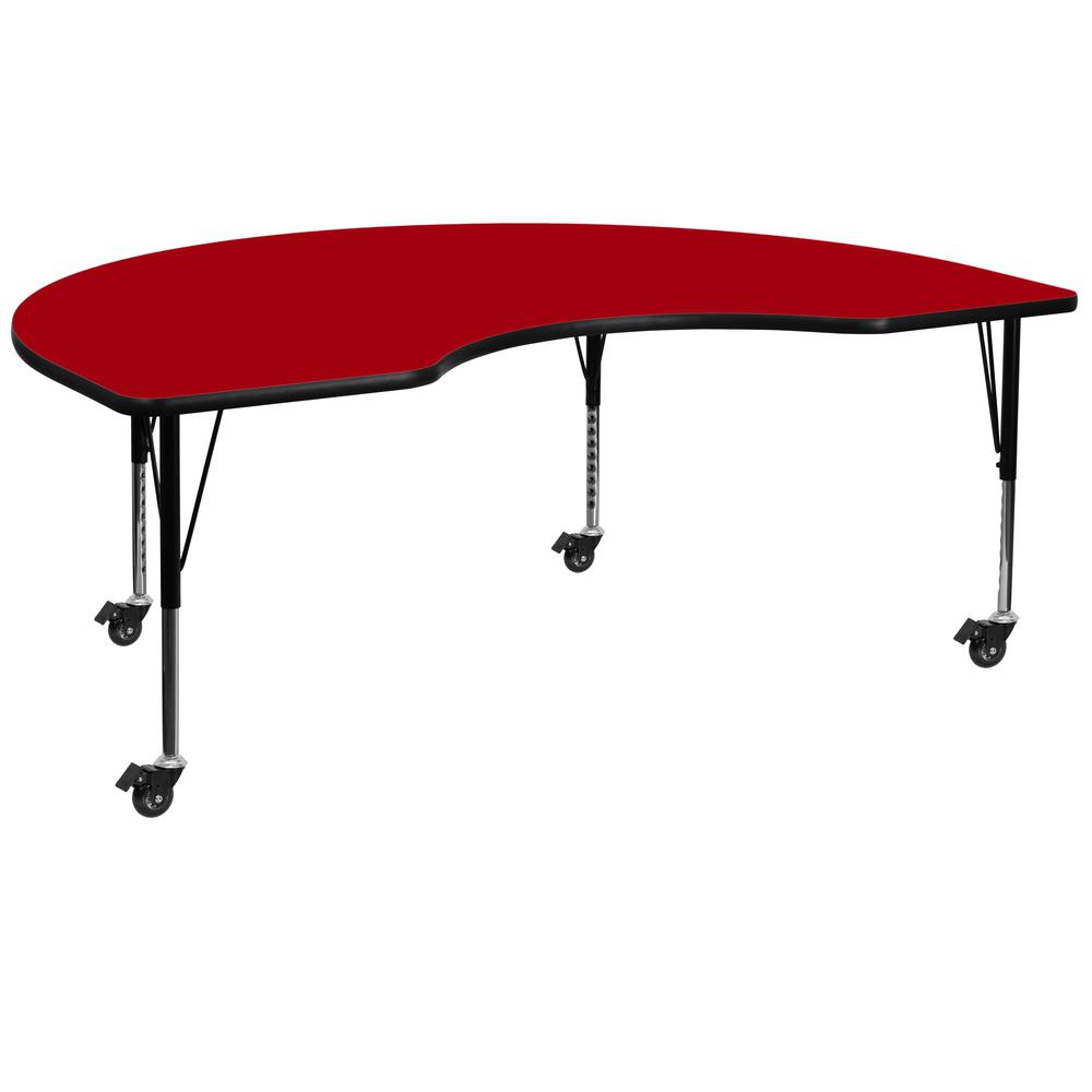 Mobile 48''W x 72''L Kidney Red Thermal Laminate Activity Table - Height Adjustable Short Legs. Picture 1