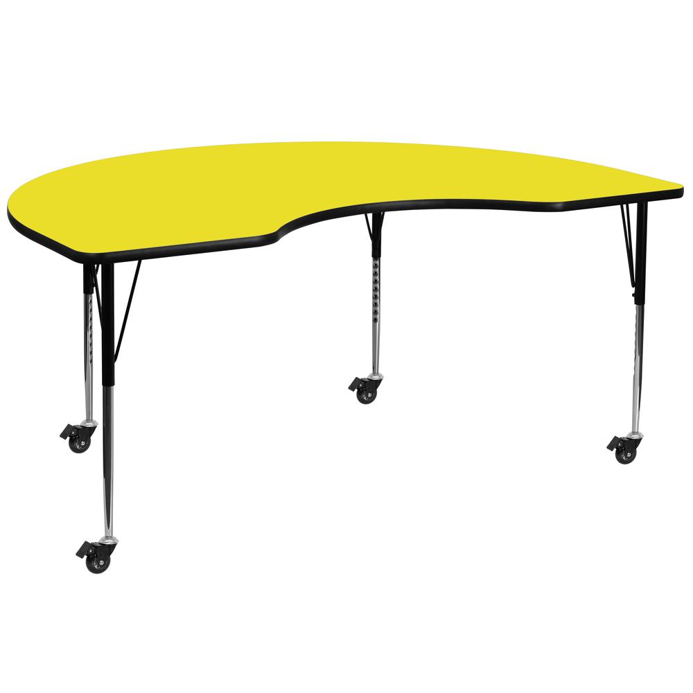Mobile 48''W x 72''L Kidney Yellow HP Laminate Activity Table - Standard Height Adjustable Legs. Picture 1