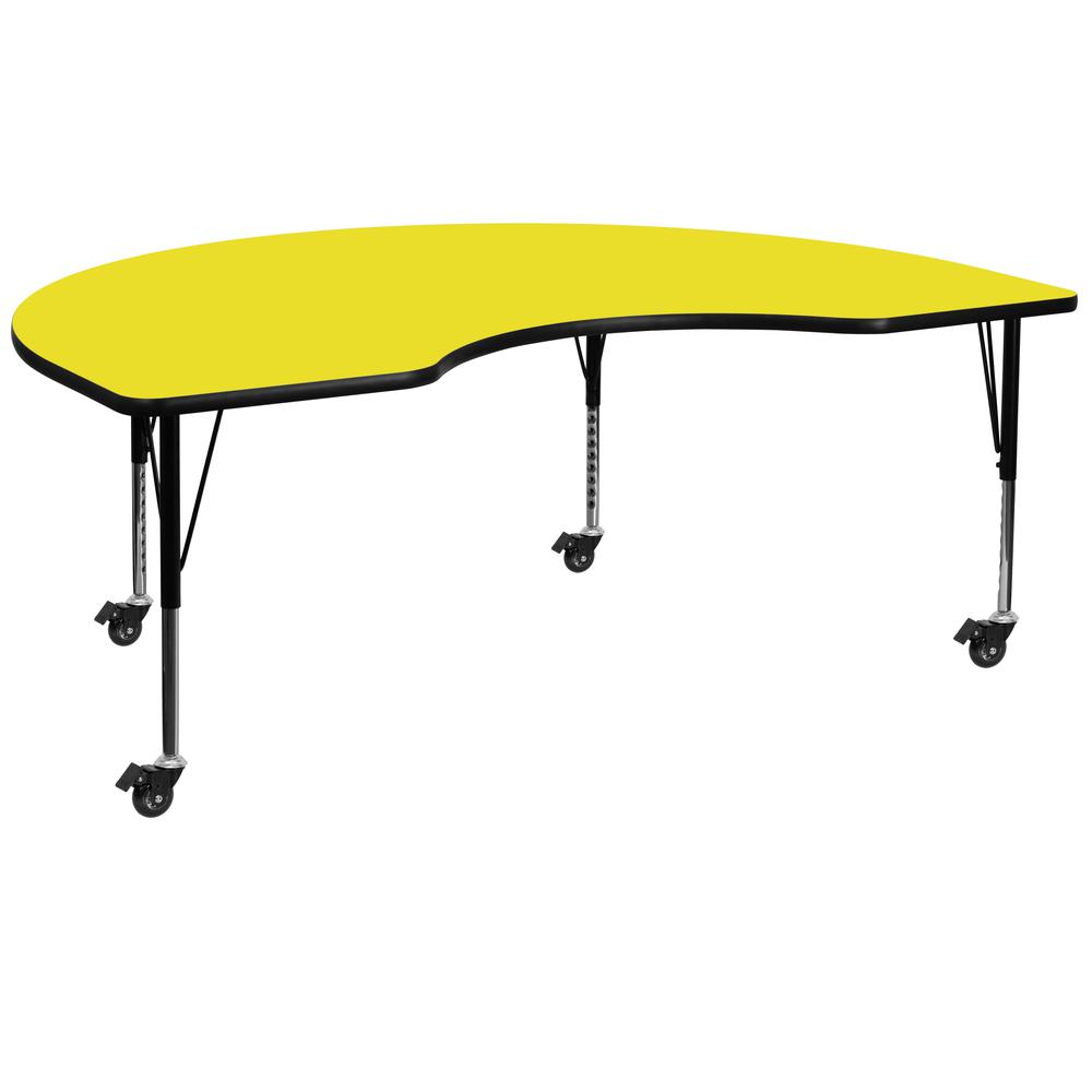 Mobile 48''W x 72''L Kidney Yellow HP Laminate Activity Table - Height Adjustable Short Legs. Picture 1