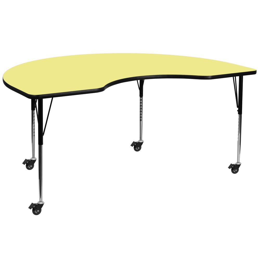 Mobile 48''W x 72''L Kidney Yellow Thermal Laminate Activity Table - Standard Height Adjustable Legs. Picture 1