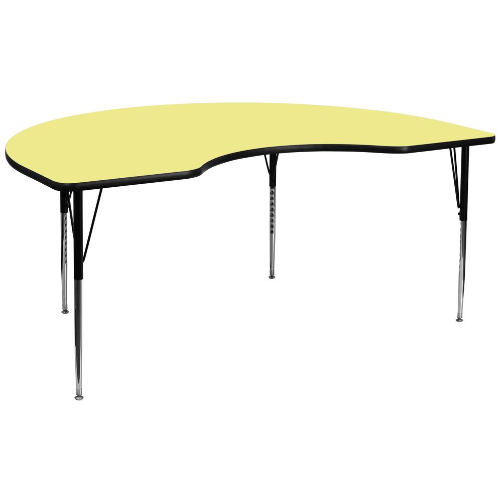 48''W x 96''L Kidney Yellow Thermal Laminate Activity Table - Standard Height Adjustable Legs. Picture 1