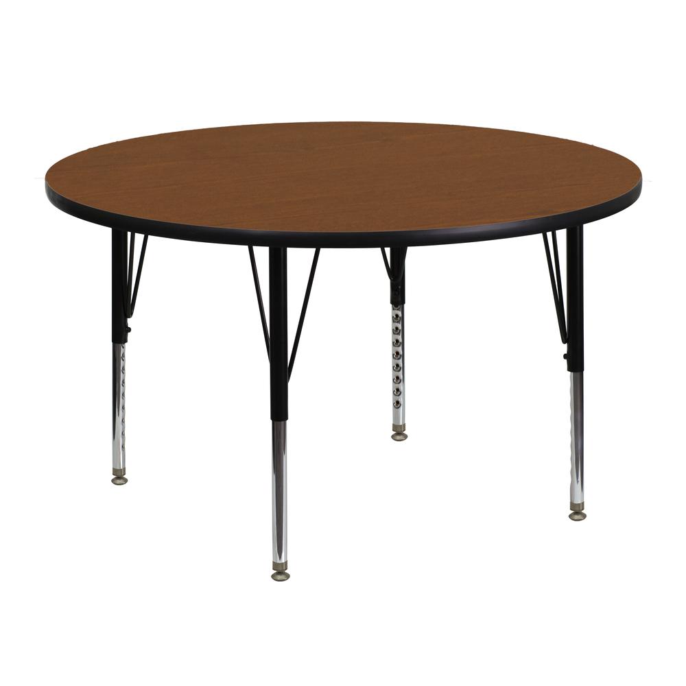 48'' Round Oak HP Laminate Activity Table - Height Adjustable Short Legs. Picture 1