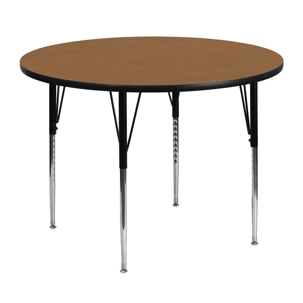 48'' Round Oak Thermal Laminate Activity Table - Standard Height Adjustable Legs. Picture 1